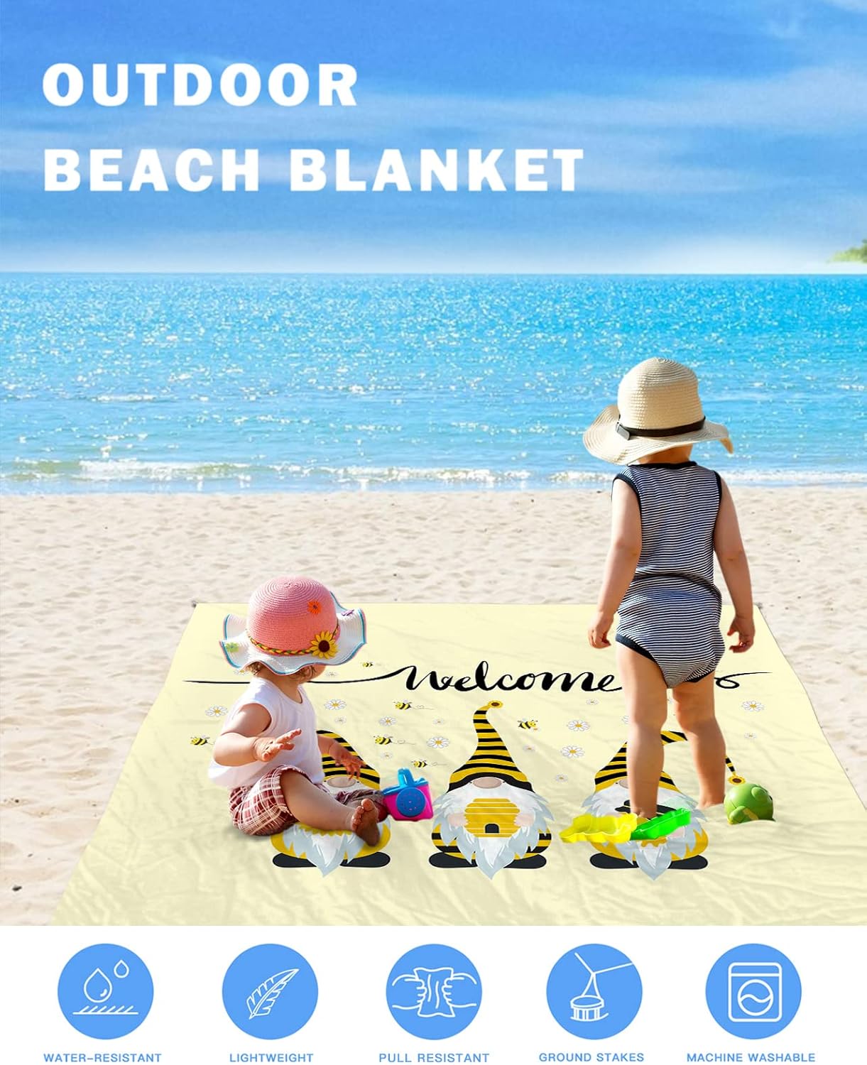 Summer Cute Gnomes Beach Blanket Waterproof Sandproof Outdoor Picnic Mat 95"x80" Farm Bee with Flowers Lightweight Large Beaach Blankets with 4 Stake & 4 Corner Pockets