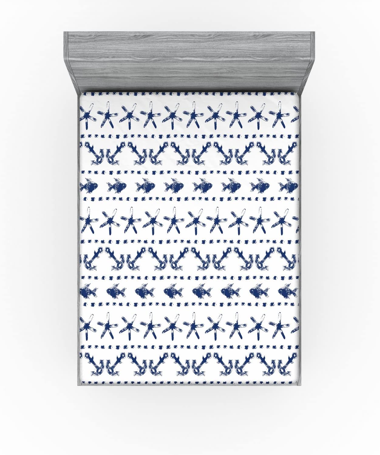 Ambesonne Navy 2 Pack Fitted Sheet, Anchor Starfish Sea Life, Bed Cover All-Round Elastic Deep Pockets 2 Pieces, Package Contains 2 Queen Size Fitted Sheets, Navy White