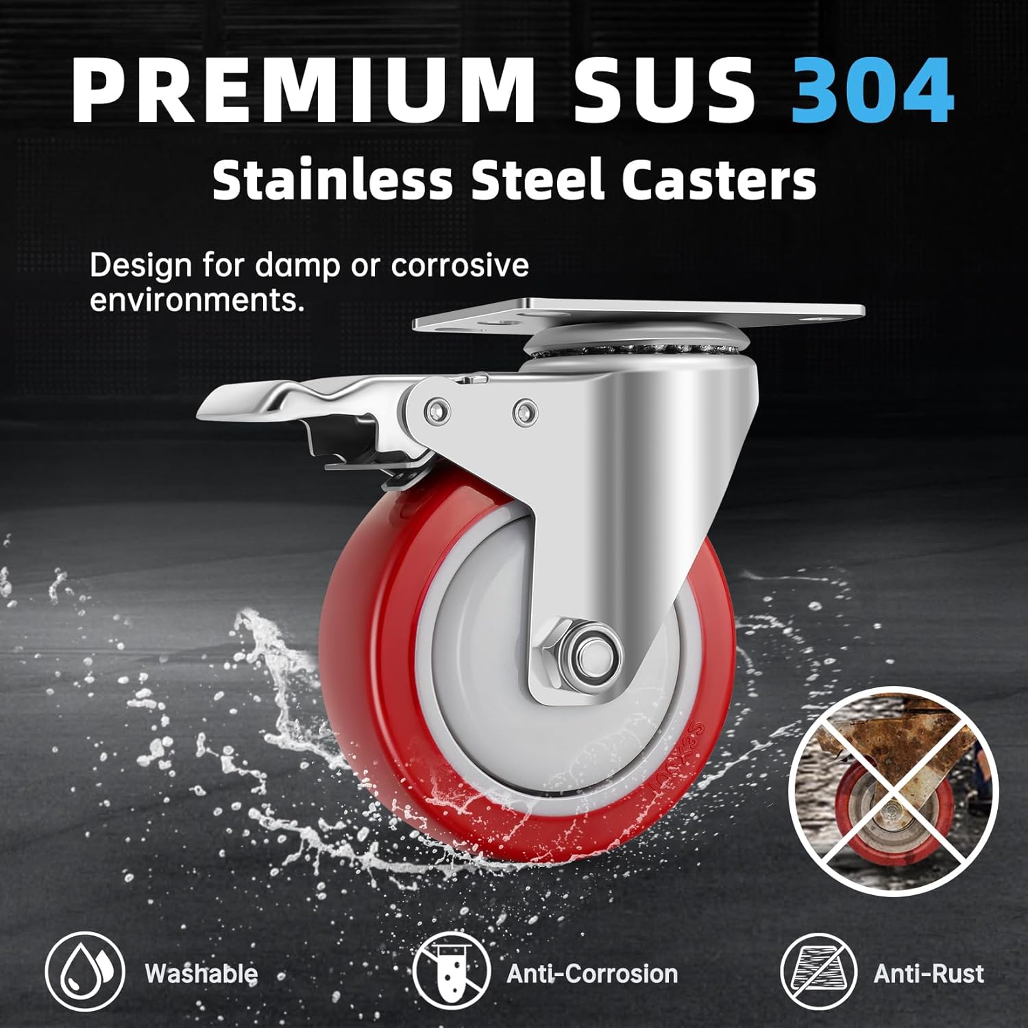 W B D WEIBIDA Stainless Steel 4 Inch Caster Wheels with Brake,Anti-Corrosion 304 Heavy Duty Casters Set of 4,Rust-Proof Industrial Castor for Furniture,Labs,Hospitals,Restaurants,Industrial