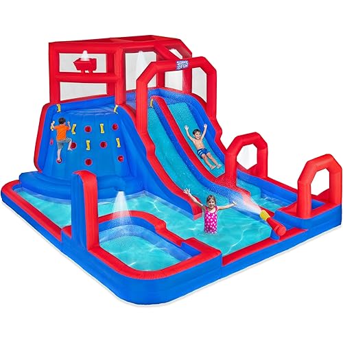 Sunny & Fun Mega Climb N’ Go Inflatable Water Slide Park – Heavy-Duty for Outdoor Fun - Climbing Wall, 2 Slides & Deep Splash Pool – Easy to Set Up & Inflate with Included Air Pump & Carrying Case