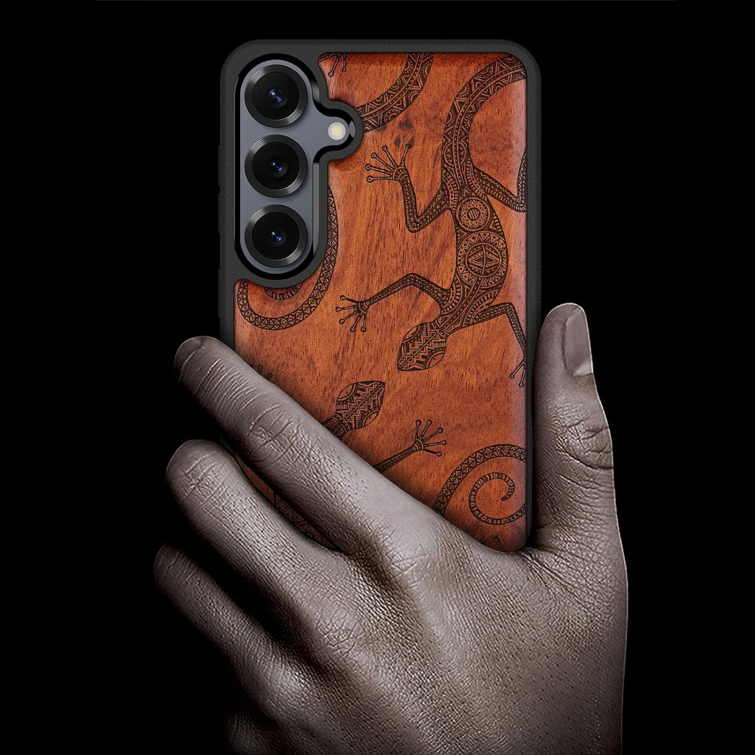 Carveit Magnetic Wooden Case for Galaxy S25+ Samsung S25 Plus Case, TPU Shockproof Cover & Wood Engraved, Compatible with MagSafe Wireless Chargers (Tribal Geckos) Rosy
