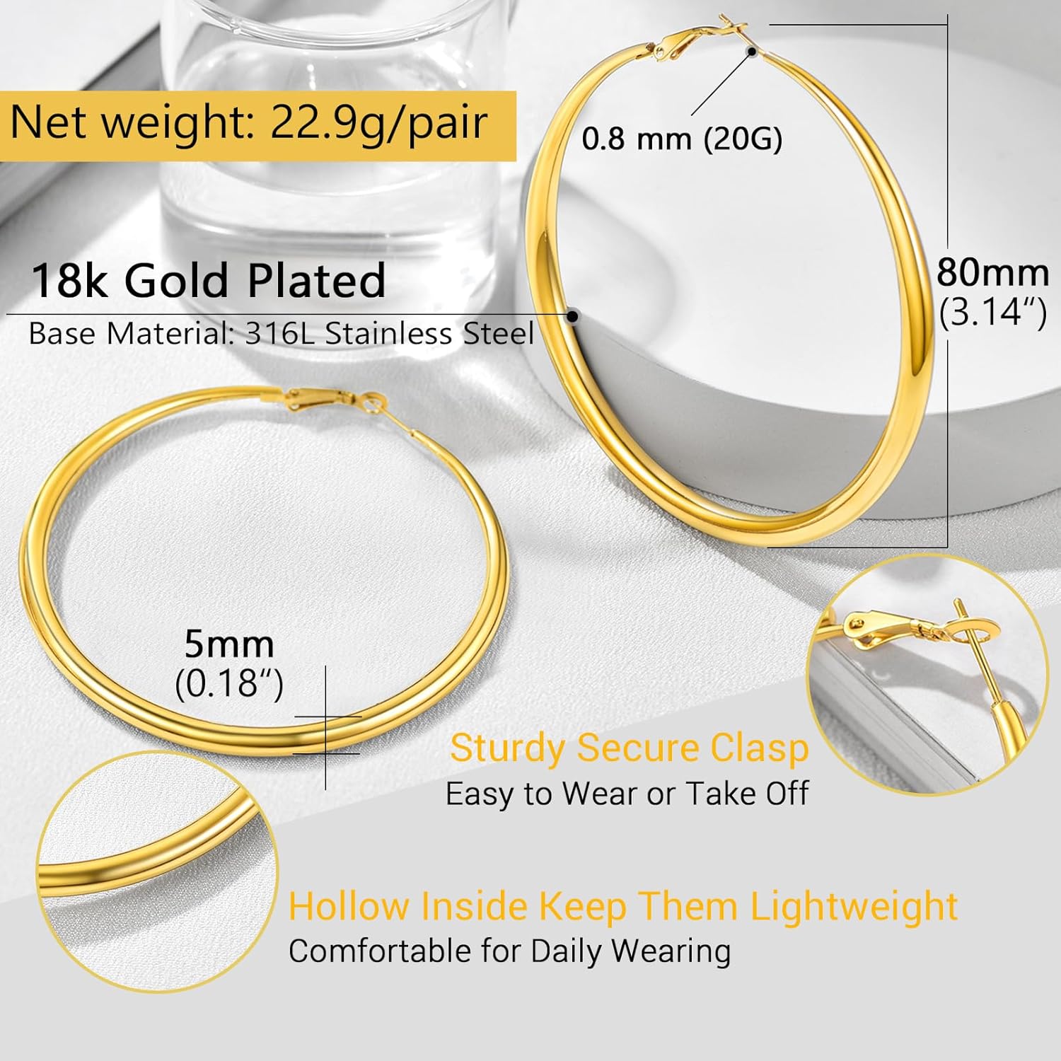 PROSTEEL Chunky Hoop Earrings for Women, 316L Stainless Steel Large Hoop, Minimalist And Chic Jewelry, 14K Gold/Silver/Black, Hypoallergenic for Sensitive Skin, Size: 20~100mm, Come with Box - Image 4