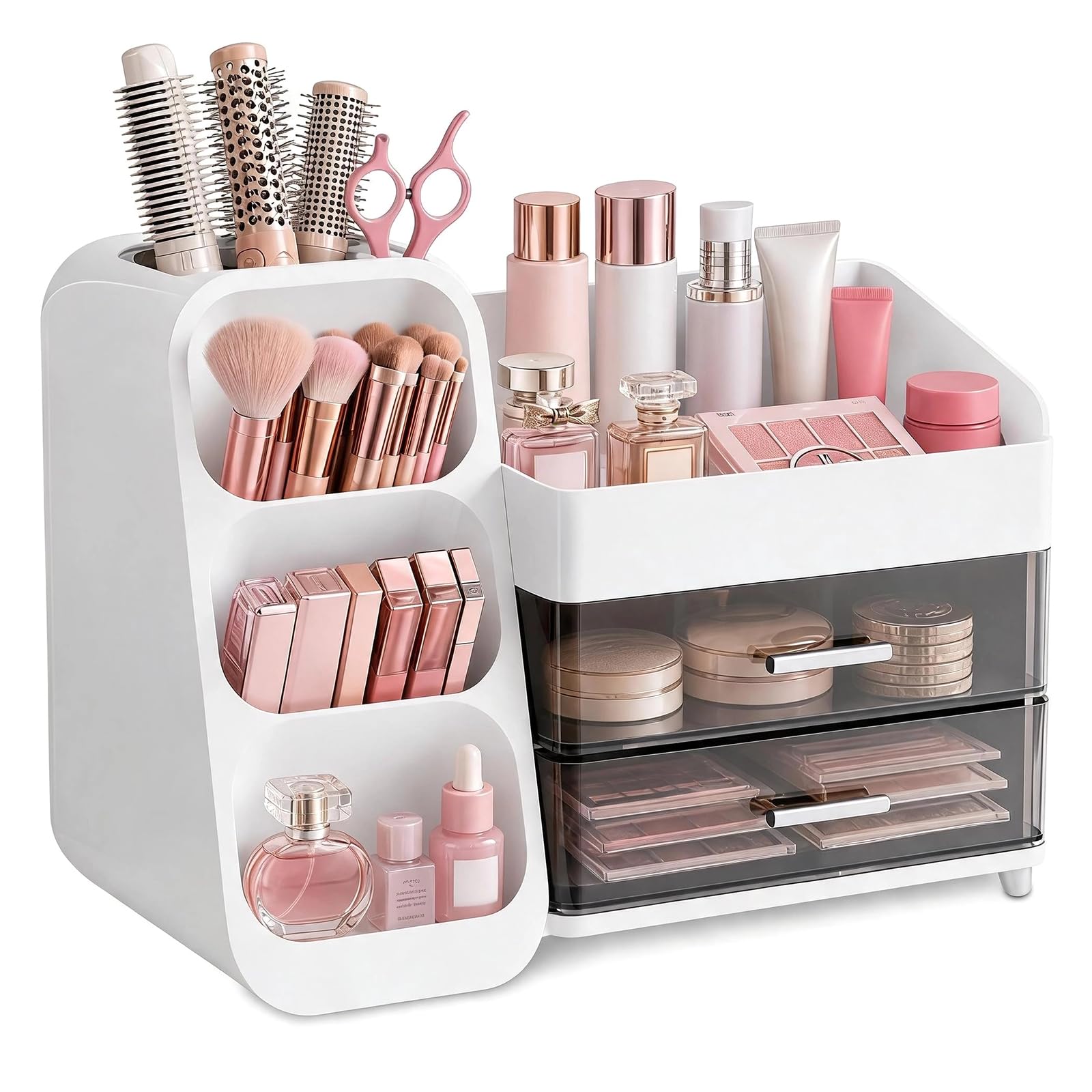 Organisateur de maquillage, organisateur de coiffeuse, avec tiroirs, boîte de rangement 3 en 1, grande pour maquillage, maquillage, cosmétiques, soins de la peau, rangement de parfum