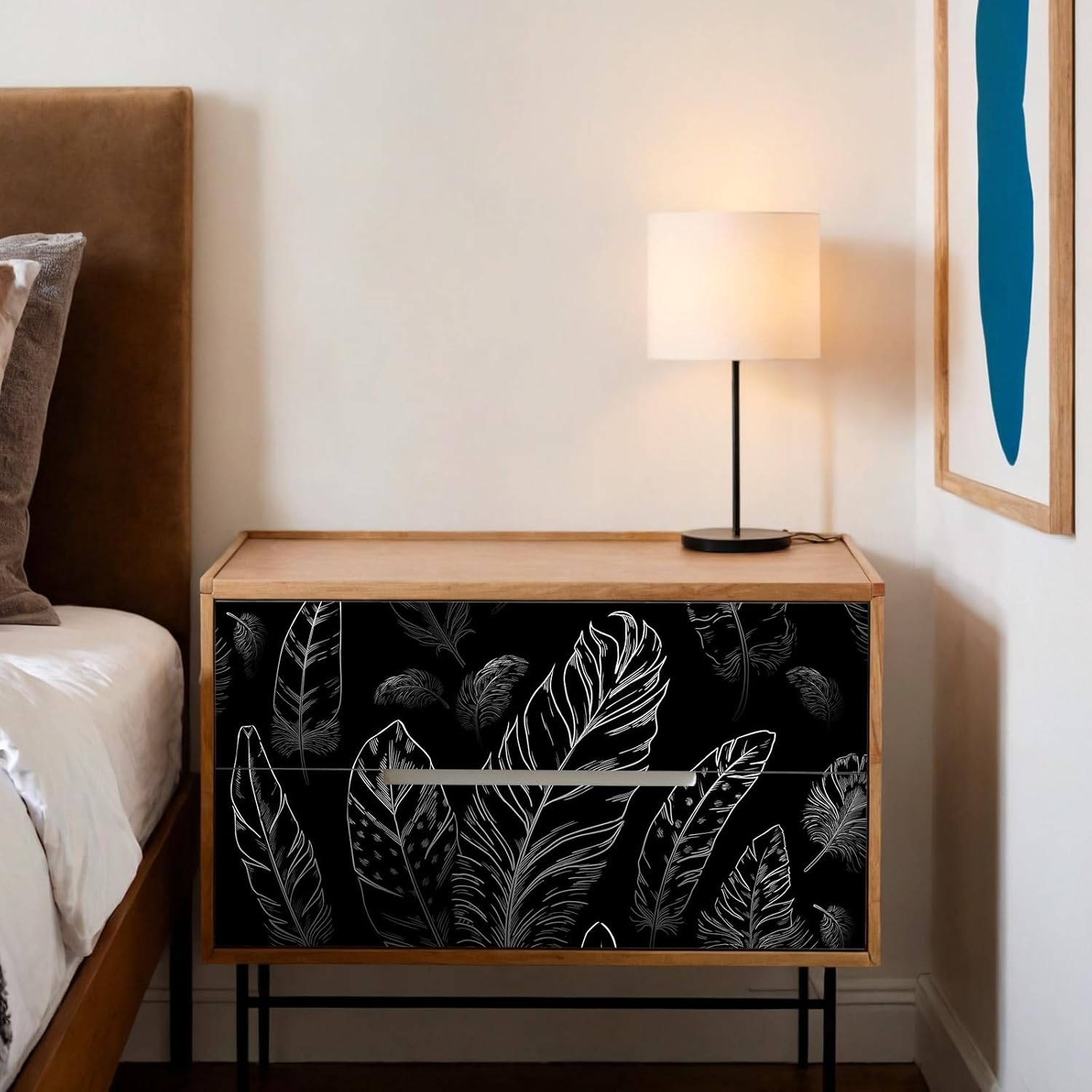 CAX Black Peel and Stick Wallpaper Feather Wallpaper 17.3"×480" Boho Feather Contact Paper Self-Adhesive Wallpapers Waterproof Wall Paper Shelf Drawer Liner Roll for Bedroom Living Room Vinyl