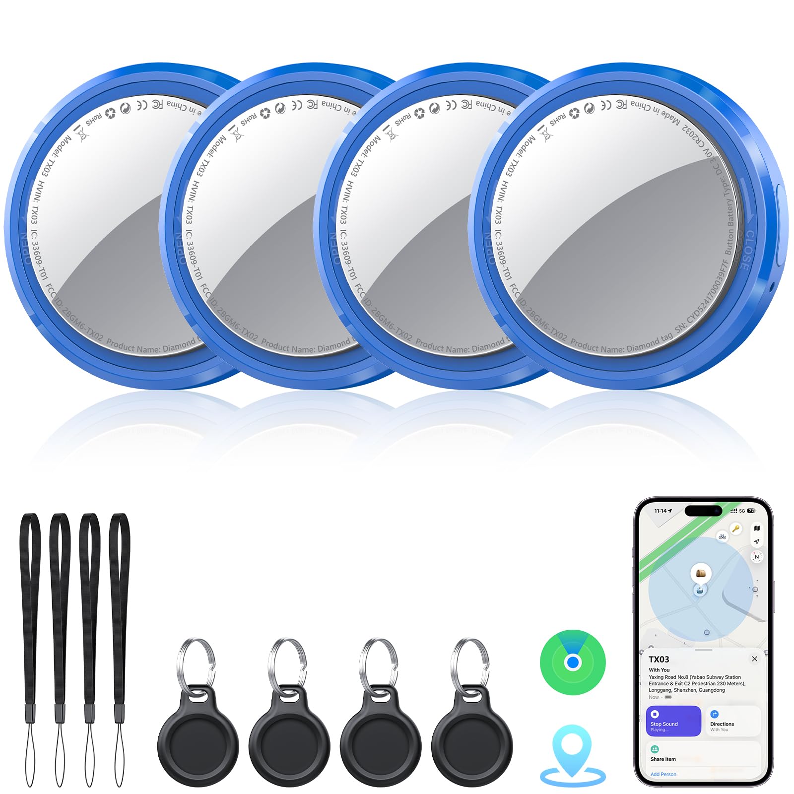Traceur Tag Lot de 4 Fonctionne avec Apple Localiser (iOS Uniquement) Localisateurs D’Objets Bluetooth, Localisateurs Tags pour Valises/Portefeuilles/Clés/Sacs, Batterie Remplaçable, Bleu foncé