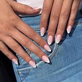 White French Tip Press on Nails Short Almond Nails Press ons French Tip Glue on Nails for Women DIY Acrylic French Nails Short Gel Nails, Natural Thick Extra Short French Fake Nails 30Pcs 15 Sizes