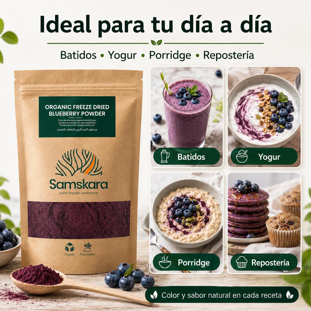 Arándanos salvajes nórdicos en polvo BIO | Samskara Tribe | bayas liofilizadas, sin OGM y sin endulzar, ricas en antioxidantes | para usar en batidos y repostería (150 g)