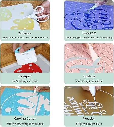 Miniatura 10 de REALIKE Juego de herramientas de desmalezado de vinilo, kit de herramientas de vinilo para manualidades, raspador, espátula, pinzas, tijeras,