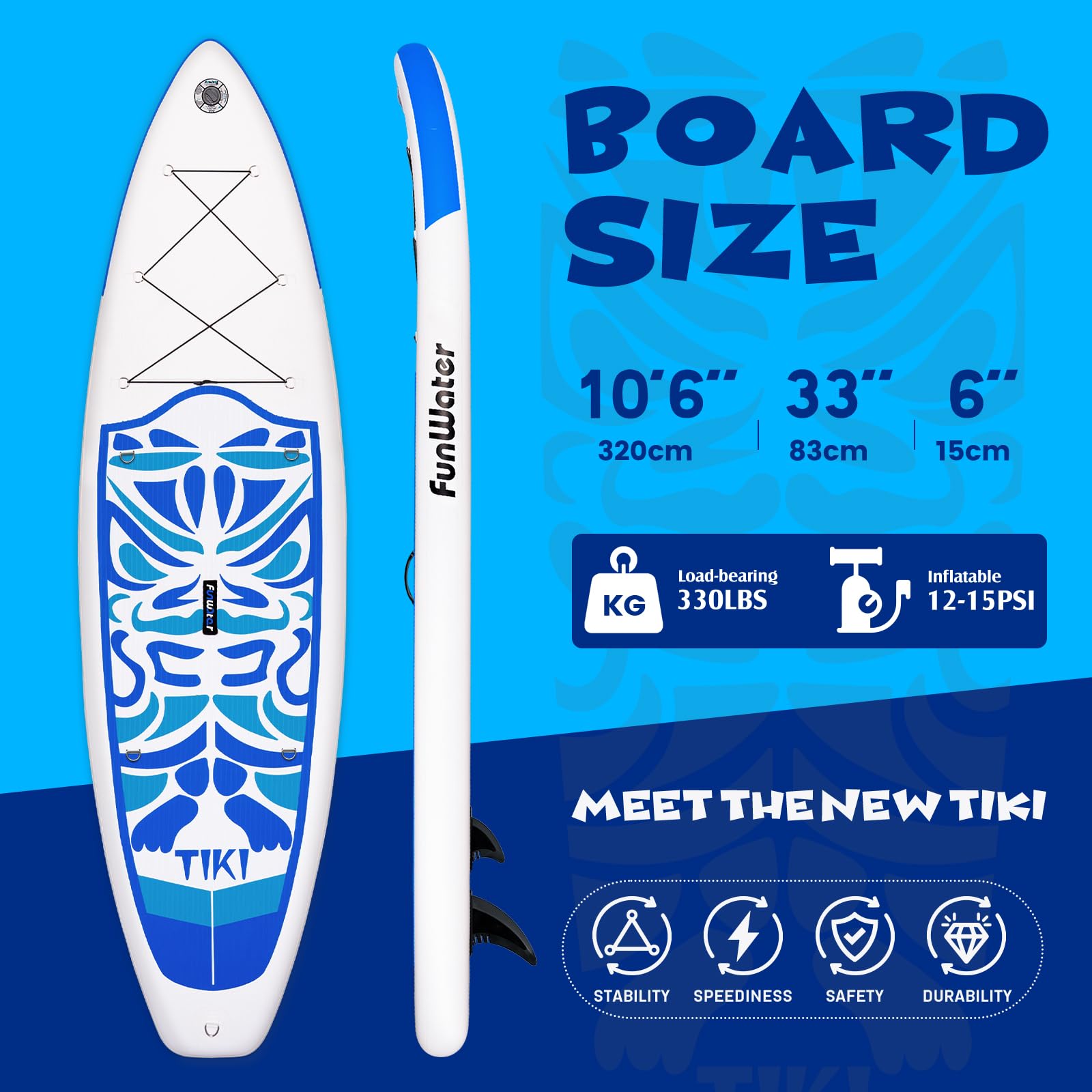 FunWater Tavola Gonfiabile Con Pinne,Guinzaglio Di Sicurezza,Pompa A Mano,Pagaia,Zaino Sup,Per Adulti E Ragazzi Di Tutti I Livelli