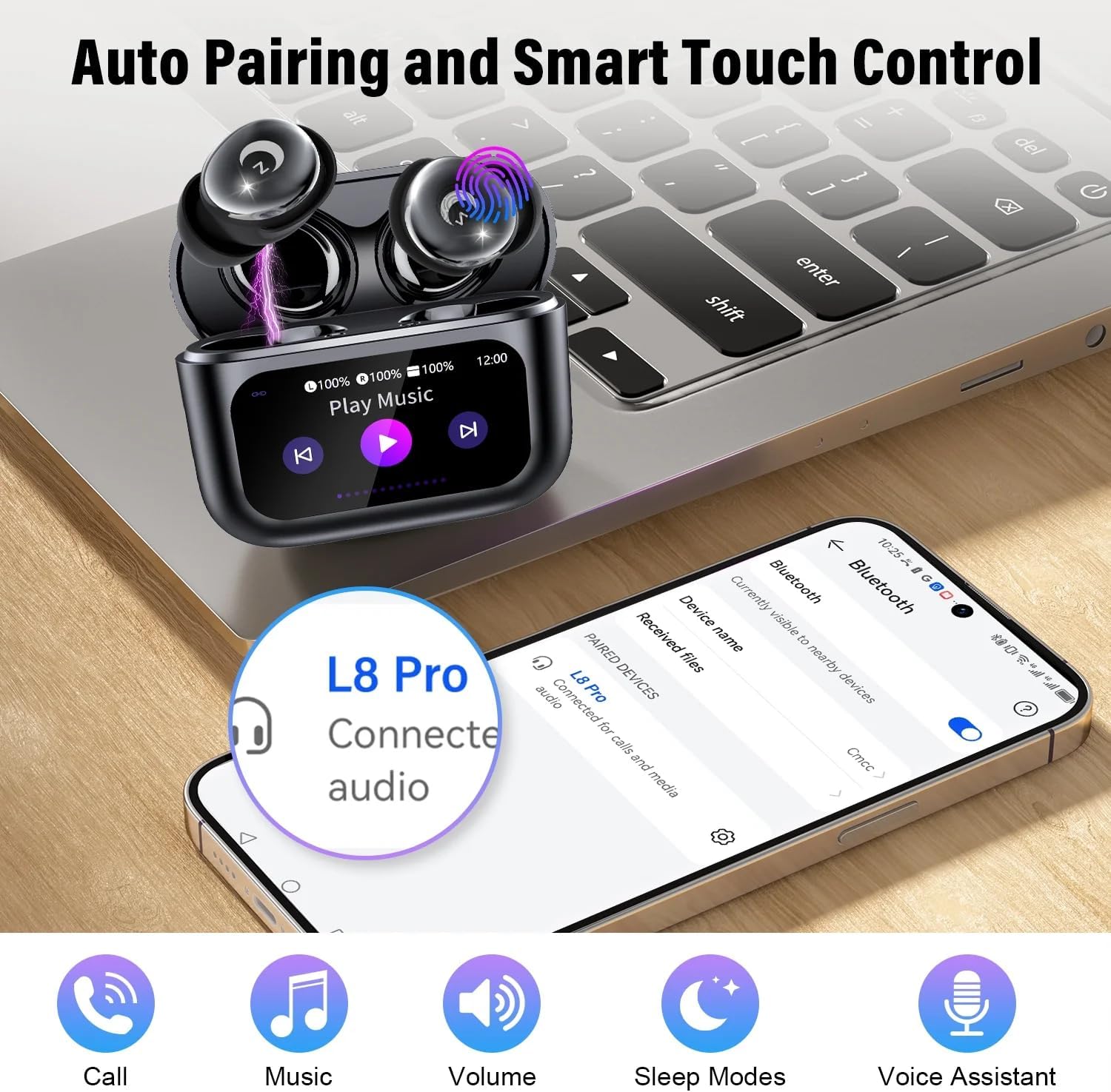 Sleep Earbuds Bluetooth 5.4 in Ear Smart Touch Screen Headphones, 48H Noise Cancelling Ear Buds with 5 EQ Modes, Mini Wireless Headphones Small Design for Side Sleepers, Clear Calls Earphones, IPX7