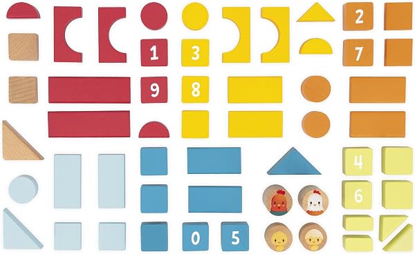 Janod - Baril 56 Pièces en Bois avec différentes Formes, Motifs, Numéros, Couleurs - Mon Premier Jeu de Construction - Boîte à Formes intégrée - Jeu d'Imitation - Dextérité & Créativité - Dès 1 an - 4