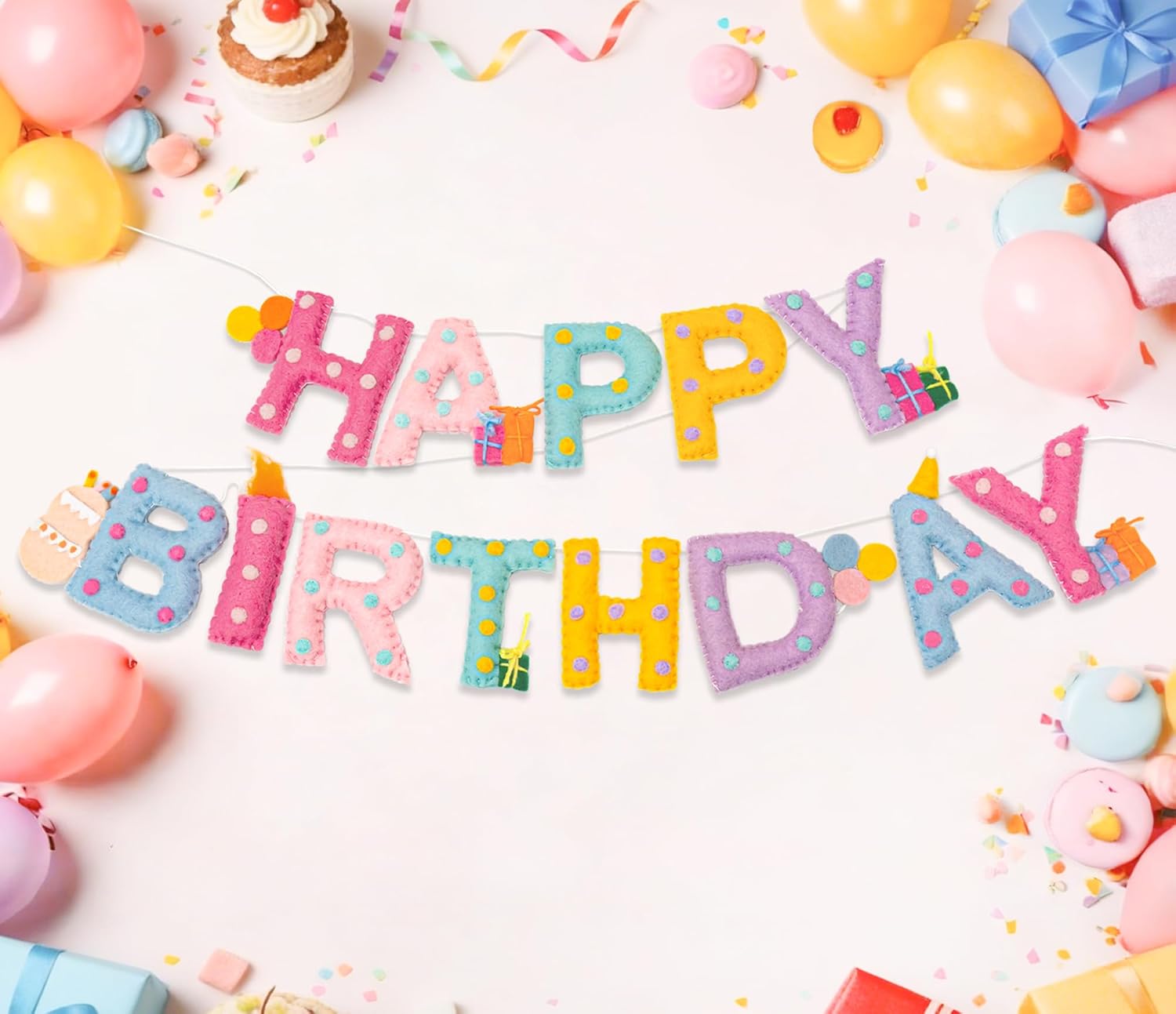 Updated Pre-Strung Handmade Wool Felt Pastel Happy Birthday Banner, Unique 3D Confetti Dots Happy Birthday Garland Decor, Reusable Happy Birthday Sign for Macaron Rainbow Party Backdrop Decorations