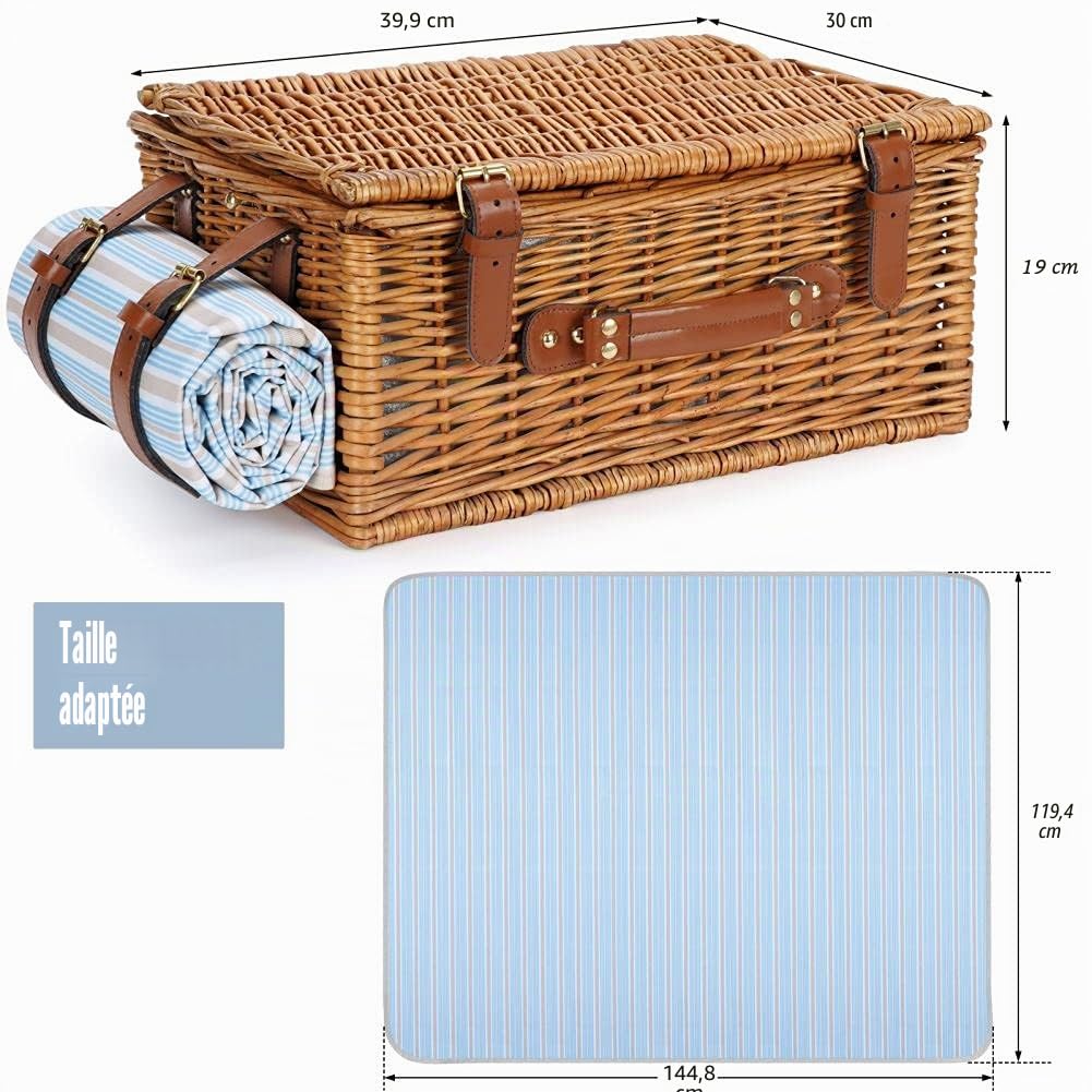 Ensemble panier de pique-nique pour 2 personnes, panier en saule avec grand compartiment isotherme, couverture imperméable et set de service couverts - Marron classique