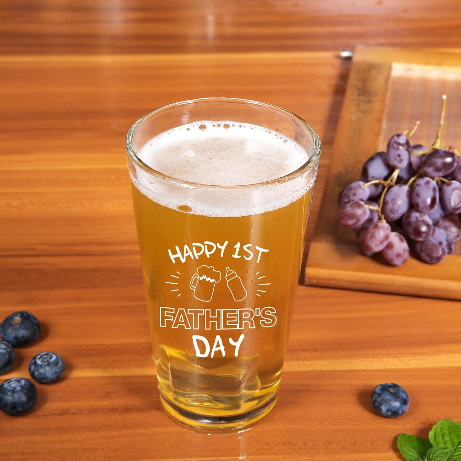 Jogskeor First Father Day Gifts for New Dad, Happy 1st Fathers Day Beer Glass 16oz, New Dad Gifts