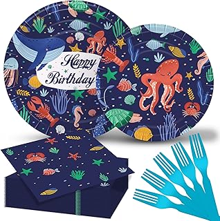 98 Pcs Ocean Sea Life Birthday Party Supplies Tableware Set Dessert Plates Napkins Forks Disposable Paper Goods for Under The Sea Theme Party Decorations, Serves 24 Guests