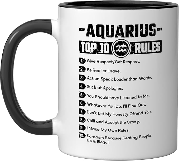 Aquarius Top 10 Rules Horoscope Astrology Zodiac Sign Ceramic Mug, Black/White