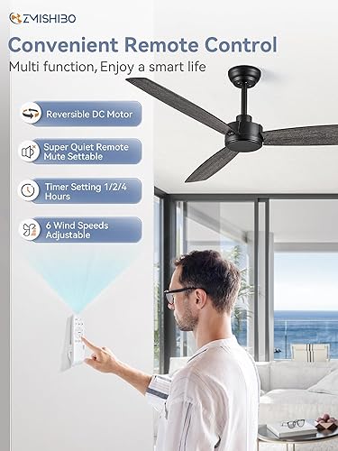 Miniatura 3 de ZMISHIBO Paquete de 2 ventiladores de techo para exteriores de 52 pulgadas con control remoto, ventilador de techo negro, sin luz con motor CC