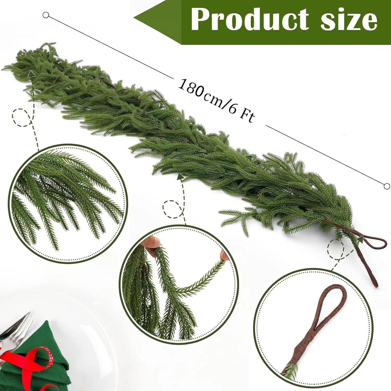6Ft Artificial Norfolk Pine Garland - Realistic Touch Xmas Garland Green Faux Greenery for Window, Table, Stairs, Fireplace, Bedside, Tree and Indoor Outdoor Christmas Decor - Image 3