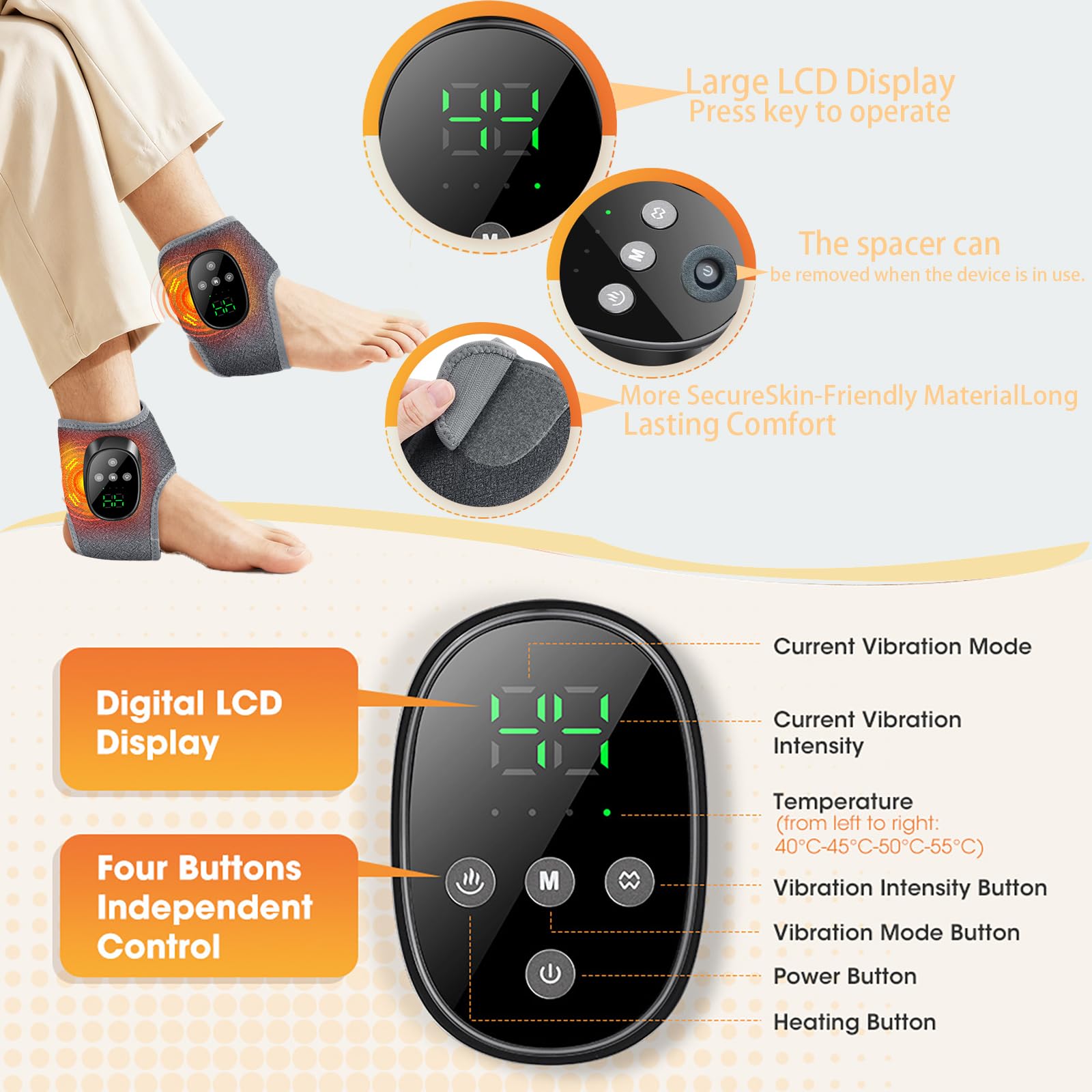 3-in-1 Elektrisches kabelloses Fußmassagegerät, 1 Paar Knöchelmassagegerät mit 4 Massagemodi, 4 Heizstufen - Tragbares Fußmassagegerät für Knöchel, Ferse, Sohle und Fußgewölbe