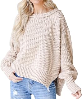Womens Oversized Casual Sweaters Batwing Long Sleeve Crew Neck Chunky Ribbed Knit Pullover Loose Solid Jumper Tops Side Split