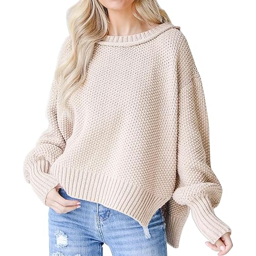Womens Oversized Casual Sweaters Batwing Long Sleeve Crew Neck Chunky Ribbed Knit Pullover Loose Solid Jumper Tops Side Split