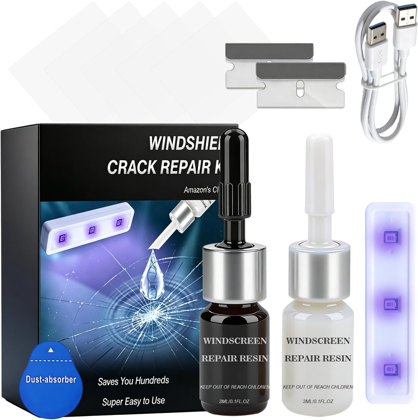 Windshield Crack Repair Kit, Windshield Repair Kit, Rock Chip Repair Kit Windshield, Windshield Repair Kit for Chips and Cracks, Windshield Chip Repair Kit, Fast Curing Unit with USB-C Port