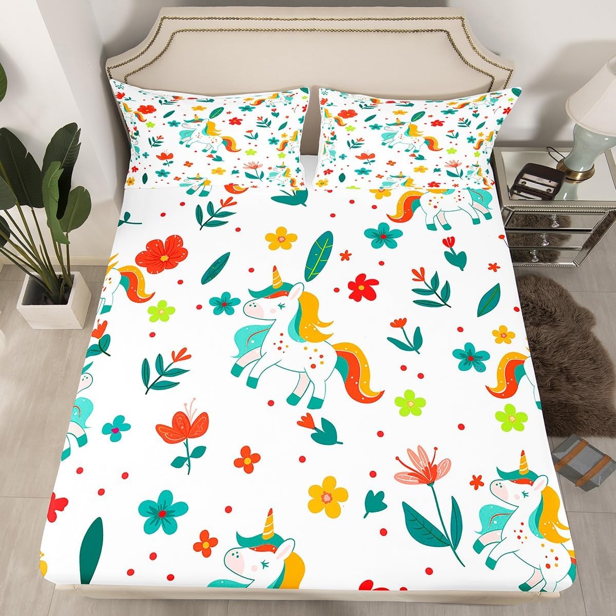 Erosebridal Girls Unicorn Fitted Sheet Cartoon Unicorn Bedding Twin for Kids Teen Girls Cute Animal Print Sheets Colorful Flowers Leaves Bed Sheets Soft Lightweight All Season, No Flat Sheet