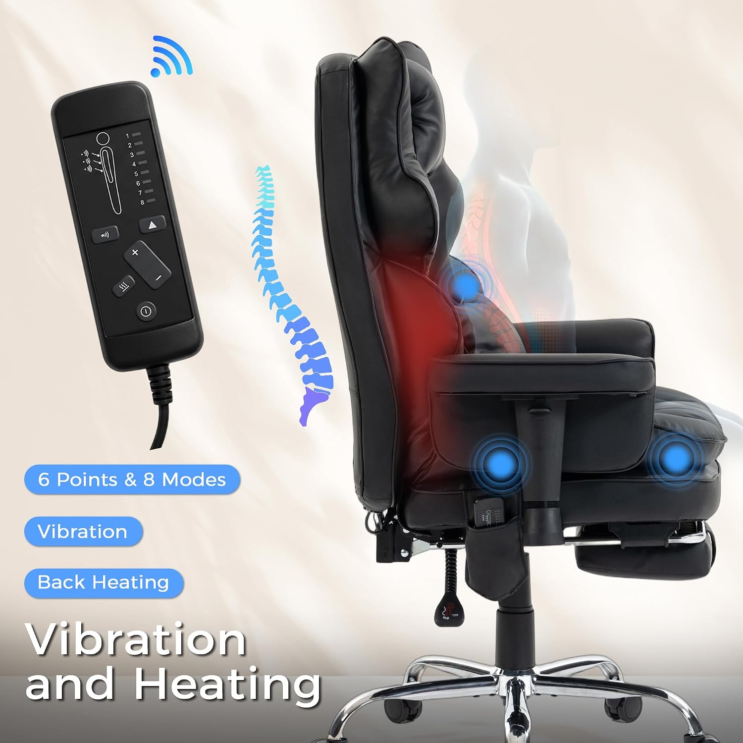 Big and Tall Massage Office Chair with Heat, Extra Wide Double-Layer Pocket Spring Cushion, High Back Reclining Gaming Chair with Adjustable Armrests & Footrest, Heavy Duty Ergonomic Chair, Gray