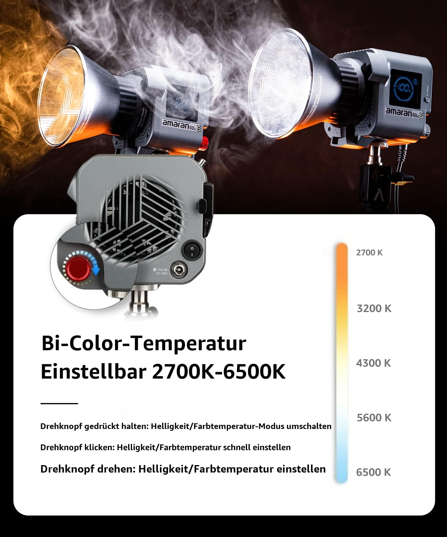 Amaran 60x S - LED Dauerlicht für Fotografen, Studio - Monolight Punktquelle, Zweifarbiges Videolicht 65W 2.700-6.500K, unterstützt Batteriebetrieb, App-Steuerung, Bluetooth 5.0 Mesh, Bowens-Halterung