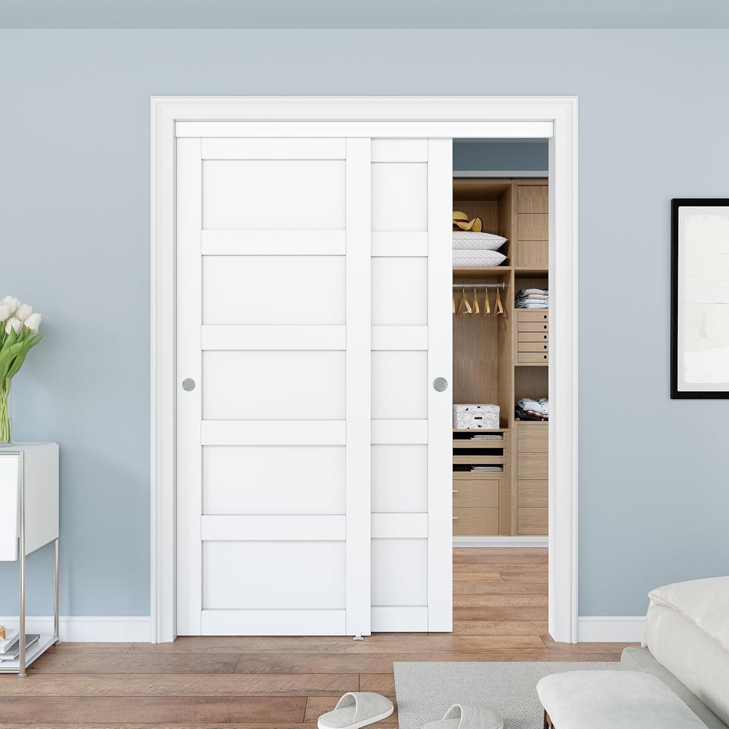 Closet Sliding Door, 60"×80"(Double Barn Doors 31"), Double 5 Panel Sliding Door with Hardware Kit, Pre-Drilled Doors Panel, MDF with Paintable Surface, White, Need to Assemble