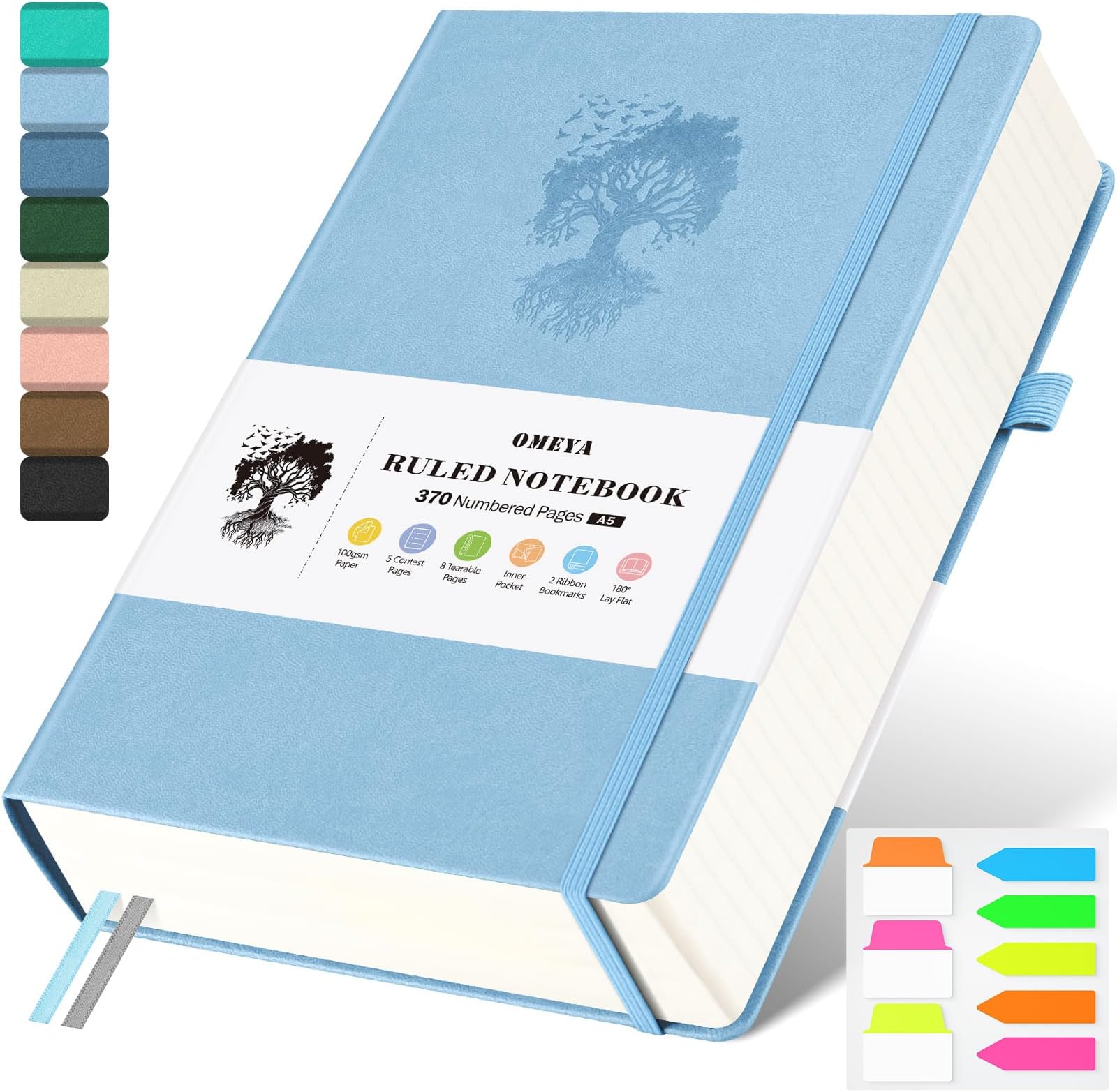 A5 Lined Journal Notebook, 370 Numbered Pages Thick Leather Journal for Writing, College Ruled Hardcover Notebook for Work with 100gsm Paper, Journal for Women, Men, Teens(5.75" x 8.38" Sky Blue)