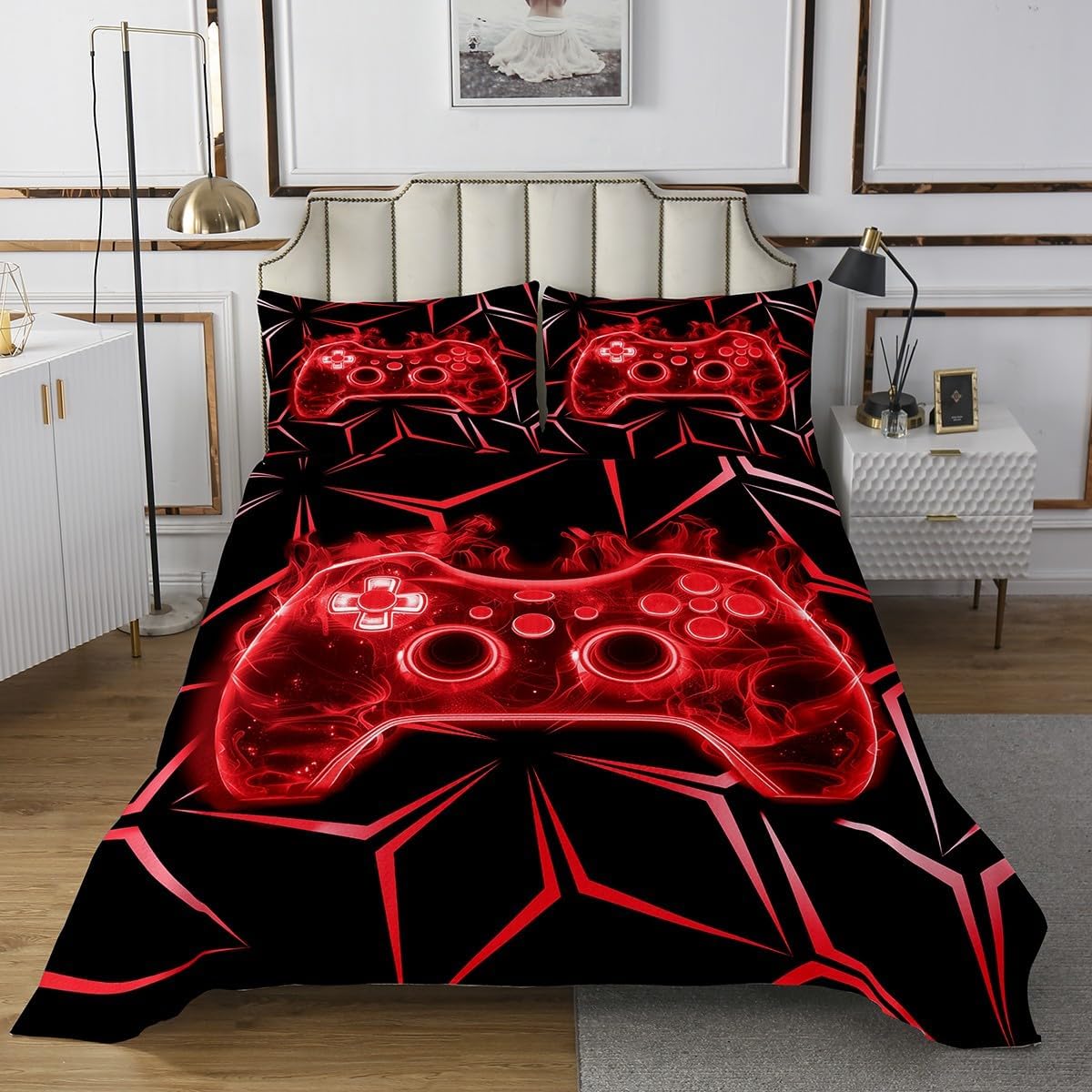 3D Modern Gamepad Bedspread Set Queen Size for Kids,Boys Girls Stars and Love Quilt Set Honeycomb Bedspread Coverlet Gaming Bedspread 3 Piece Decorative Bedding Quilted with 2 Pillow Shams