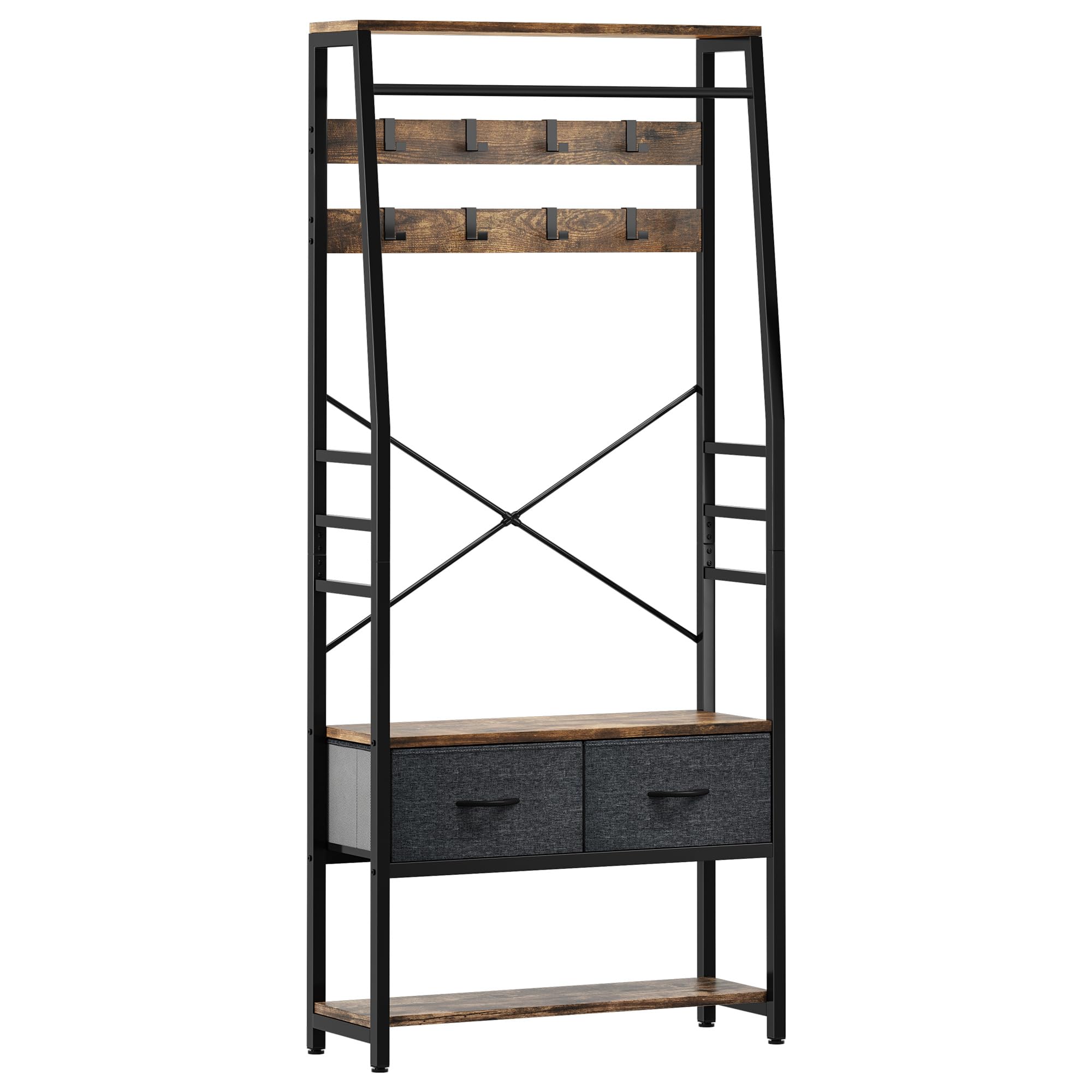 YITAHOME Coat Rack Stand, Hall Tree with Bench, 2 Foldable Drawers, 8 Hooks, Metal Frame, Rustic Brown, 180x80x32cm