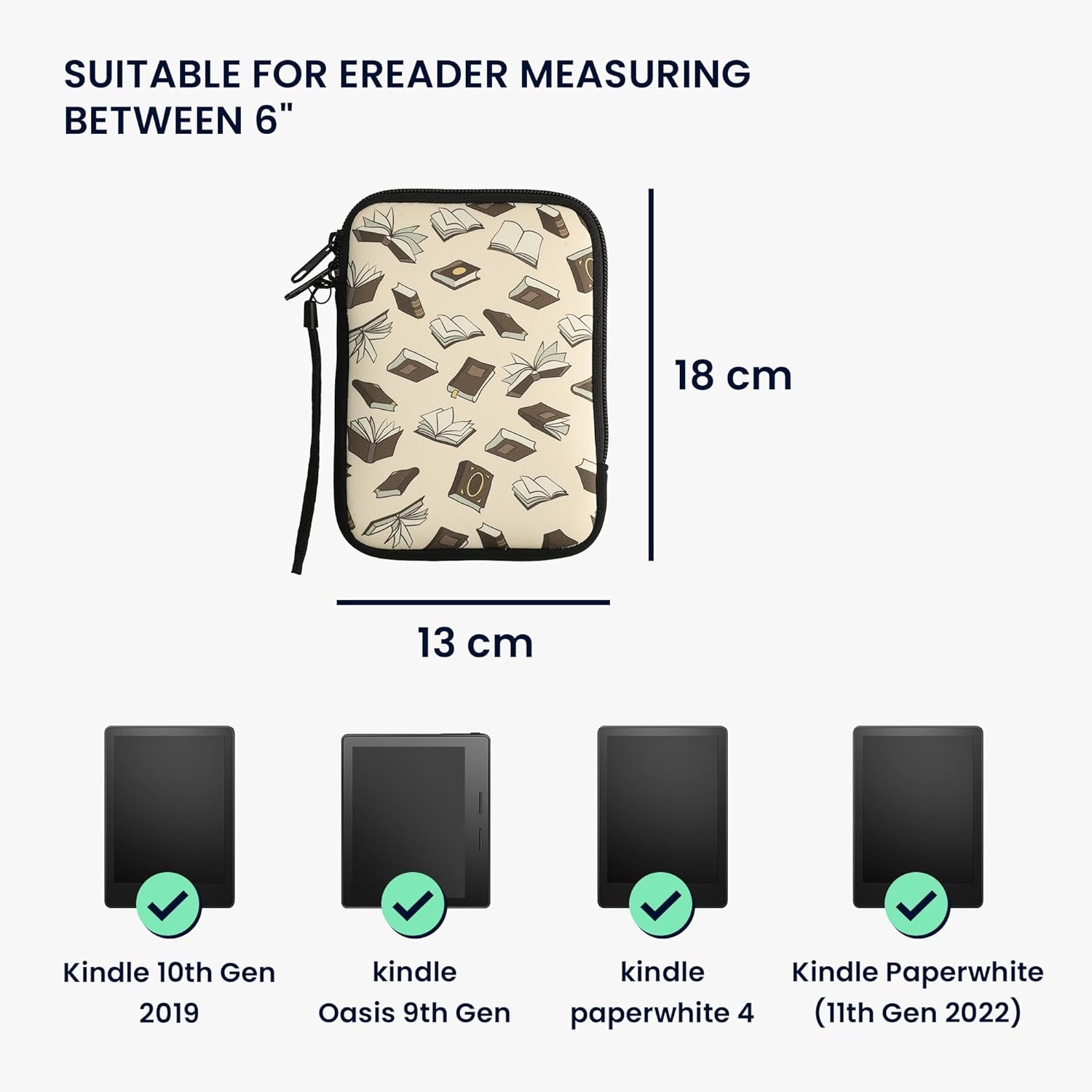 kwmobile Neoprene e-Reader Pouch Size 6" eReader - Universal eBook Sleeve Case with Zipper, Wrist Strap - Beige/Brown/Gold