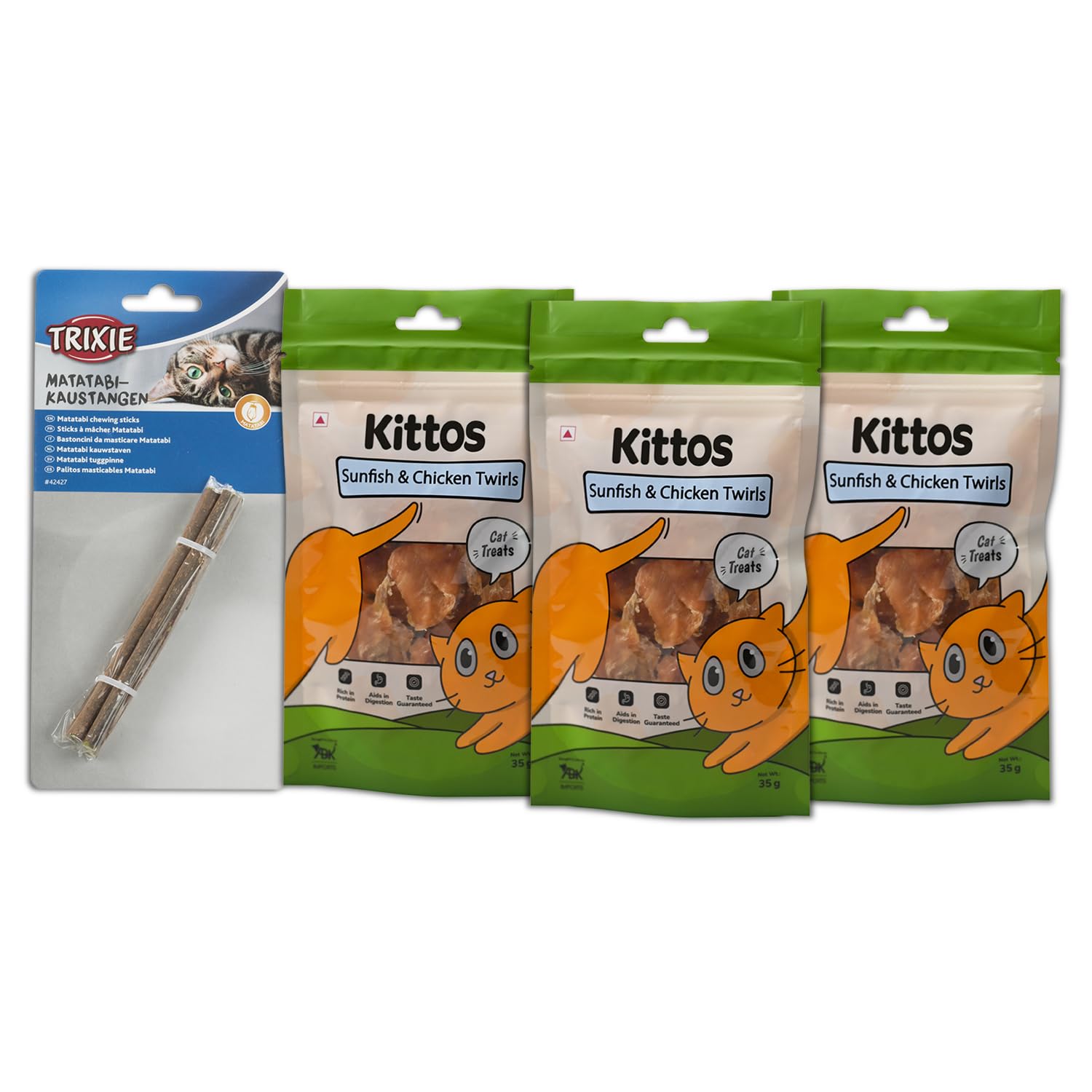 Happy Cat Combo of 3 Kittos Cat Treats, Sunfish & Chicken Twirls for Your Cat and 1 Trixie Matatabi Chewing Sticks to Support Their Dental Hygiene