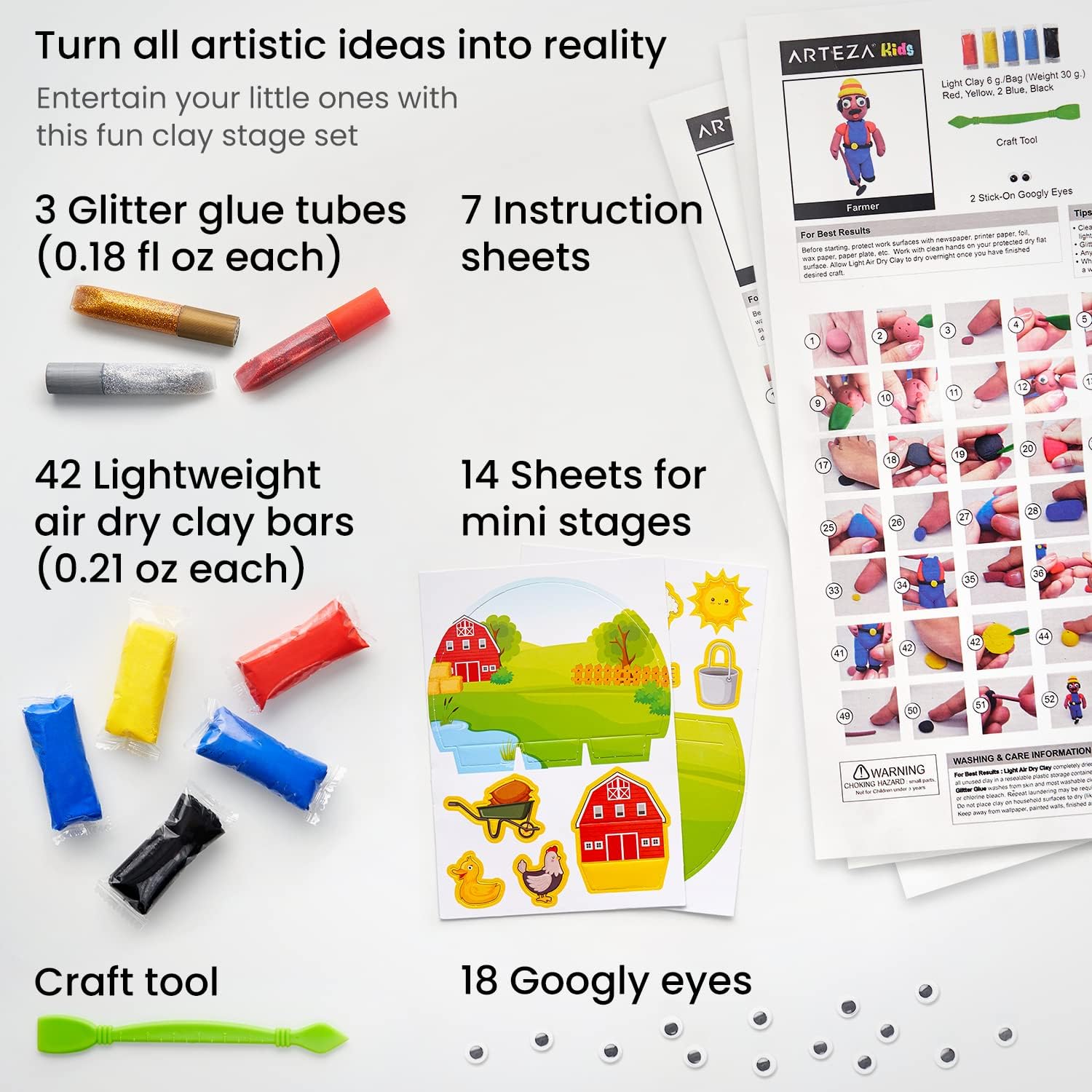 Arteza Kids Air-Dry Clay, 42 Bars, Dream Career Modeling Clay Kit, 14 Mini-Stages, 14 Googly Eyes, 3 Glitter Glues, 1 Craft Tool, 7 Instruction Sheets, Craft Supplies for Learning and Developing : Everything Else