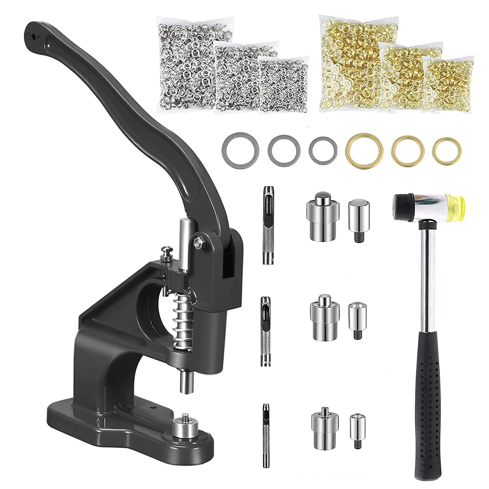 Top-spring Pressa con occhielli con 3 fustelle (6/10/12 mm) e 1500 occhielli per bottoni a pressione, set di pinze per occhielli per tessuti in pelle, teloni e piastre, con occhielli e matrici a