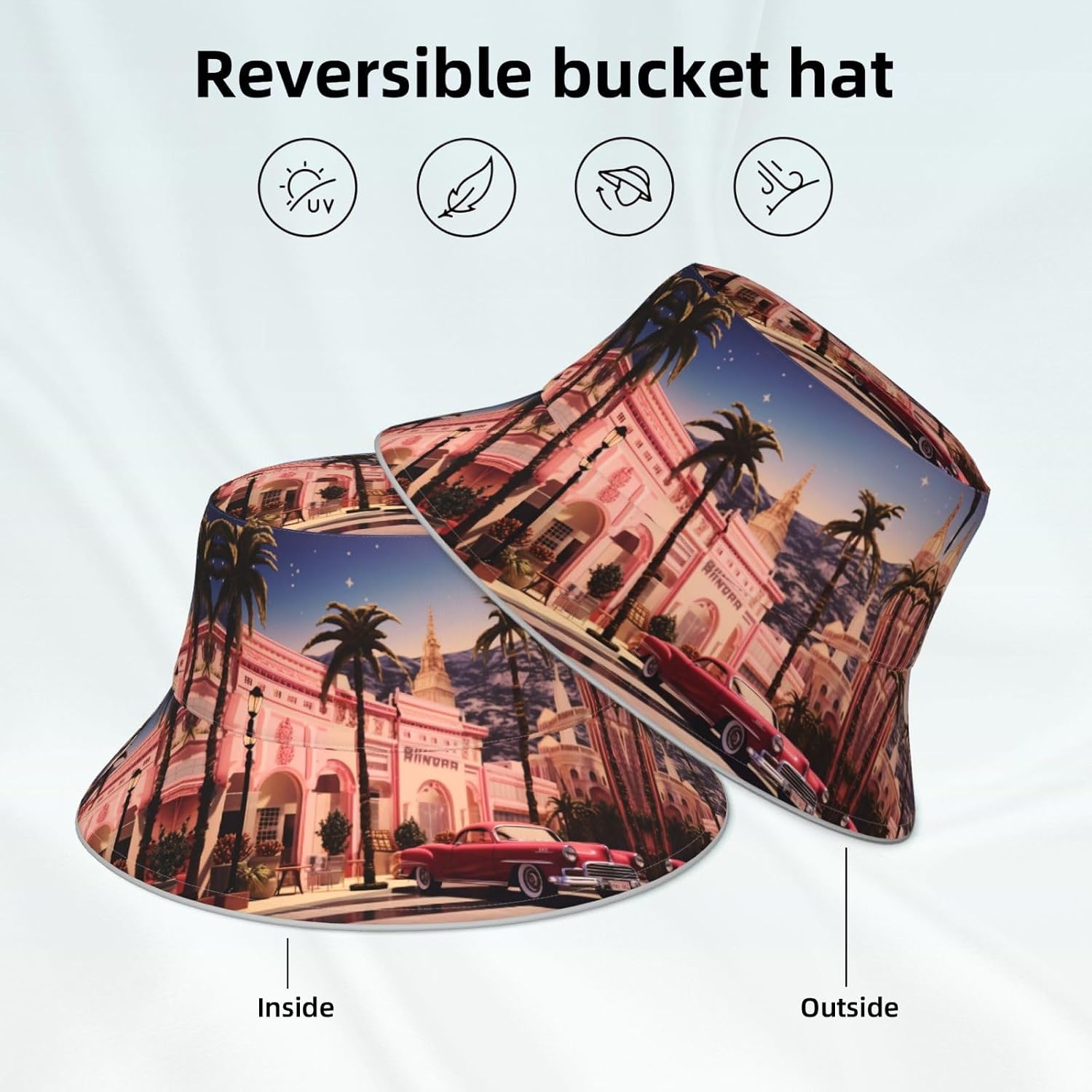 (The Old Hollywood) Reflective Reversible Bucket Hat Foldable Breathable Stylish Two-Way Wear for Outdoor Travel Daily Activities Black