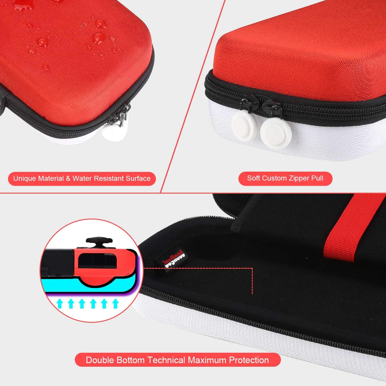 Case For Switch & Switch OLED RED & WHITE Double Bottom Protective Hard Shell, Fits 29 Game Card Slots Portable Travel Case With Handle and Pouch For Accessories