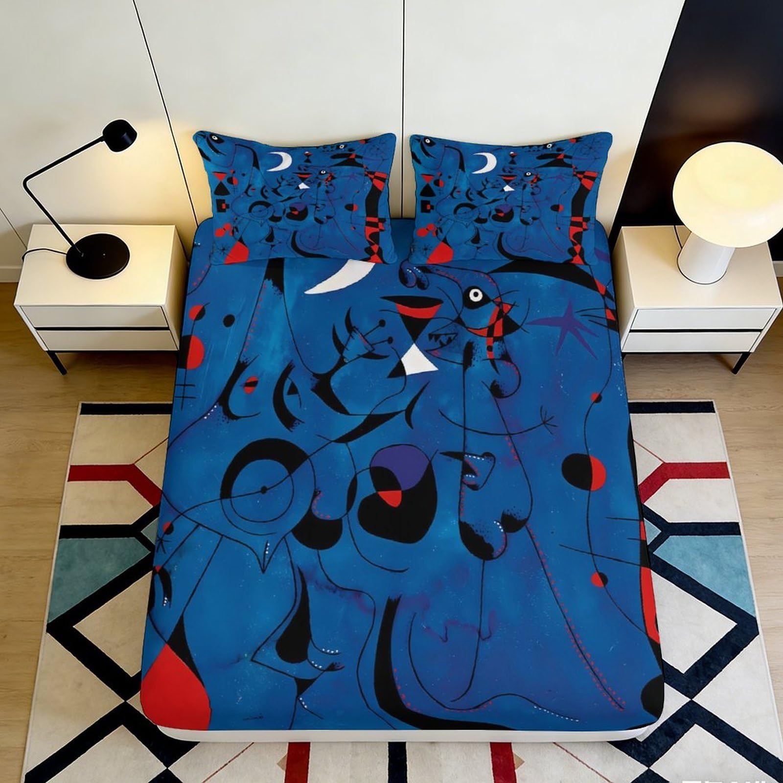 3D Printed Abstract Art Fitted Sheet Microfiber Blue Modern Geometric Mattress Cover for Bedroom Dorm Easy Care 180x200x25cm