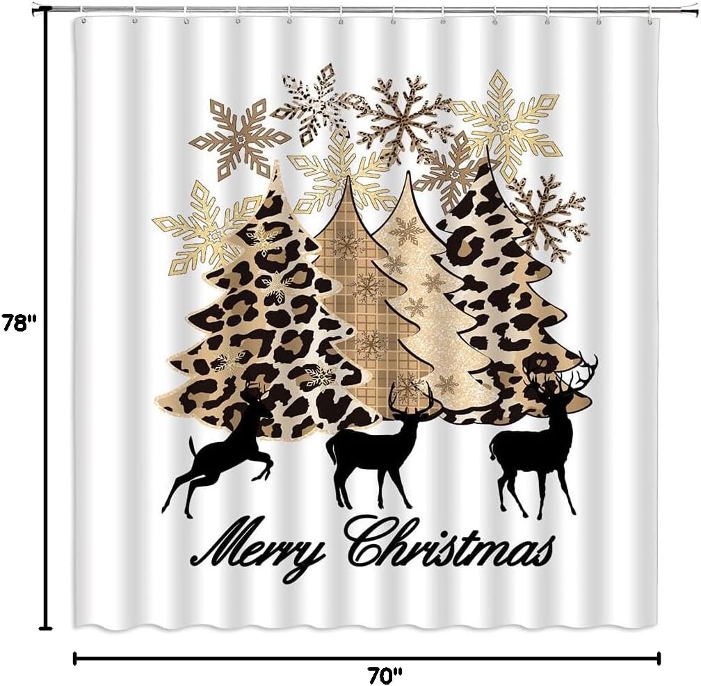 Christmas Tree Extra Long Shower Curtain, Xmas Deer Reindeer Snowflake Tree Forest Rustic Buffalo Check Plaid Leopard Farmhouse Winter Holiday Golden Bathroom Curtain Decor with Hooks,70"Wx78"H