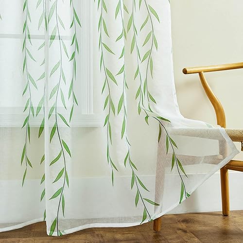 Cortinas transparentes con patrón de hojas, 2 paneles de cortinas blancas transparentes con estampado de vid, estampado verde sobre blanco, cortinas