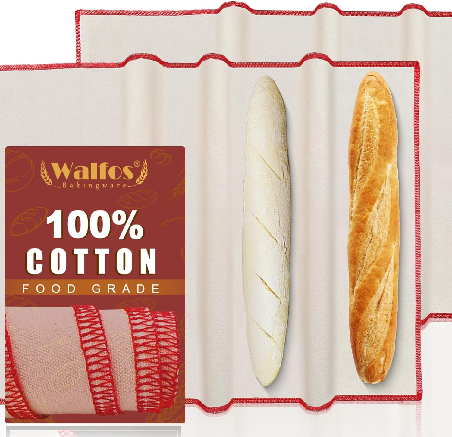 Walfos Bakers Couche and Proofing Cloth, 2PCS（29" X 17" ） Cotton Fabric for Bread Dough Baking Shaping Tool for Baguettes, Loaves and Ciabatta