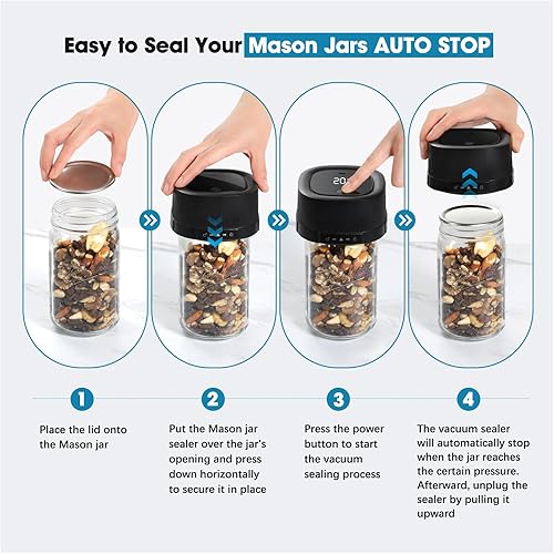 Miniatura 4 de ZIWEO Kit de sellado al vacío para tarros Mason de boca ancha y boca regular, sellador al vacío eléctrico con boquilla de succión, 10 tapas y 1