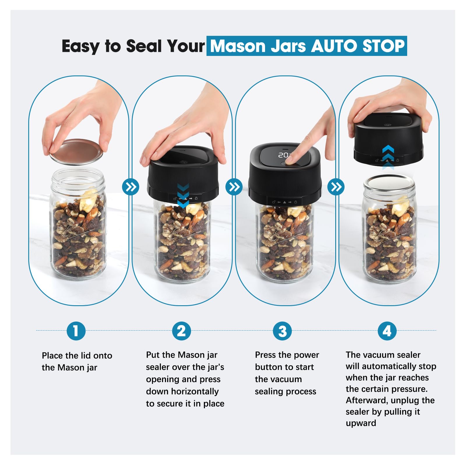 ZIWEO Mason Jar Kit de scellage sous vide pour bocaux Mason à large ouverture et ouverture normale, scelleuse électrique sous vide avec buse d'aspiration, 10 couvercles et 1 sac sous vide, design