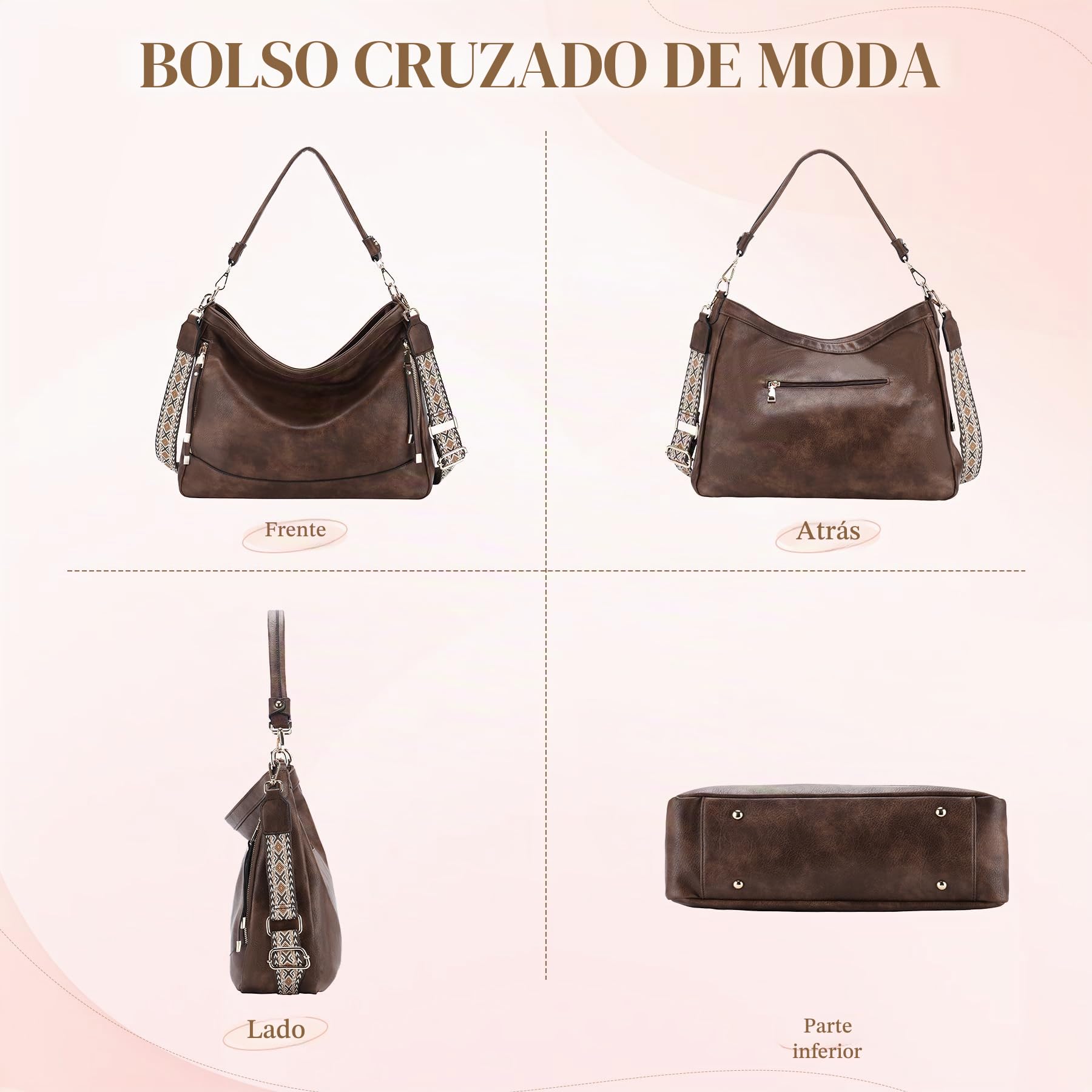 RAVUO Bolso Mujer, Bolso Bandolera Grande de Cuero Pu Elegante Bolso de Mano con 1 Correa Ajustable Casual Bolsa Tote 2pcs