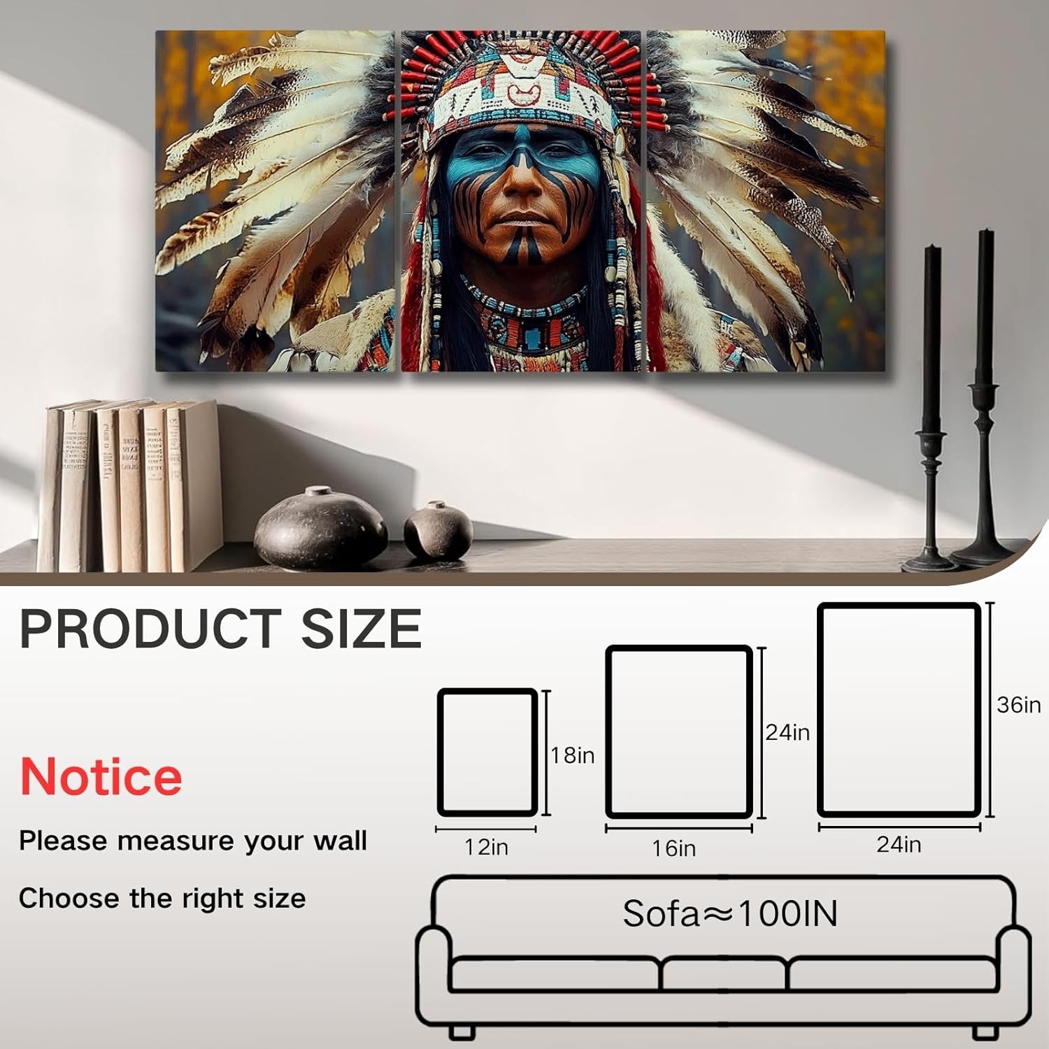 sawjug Native American Canvas Wall Art, Native American Decor, Tribal Wall Decor, Indian Chief Feather Headdress Canvas Prints, Wall Painting for Living Room, Bedroom (12" x 18" x 3 pcs)