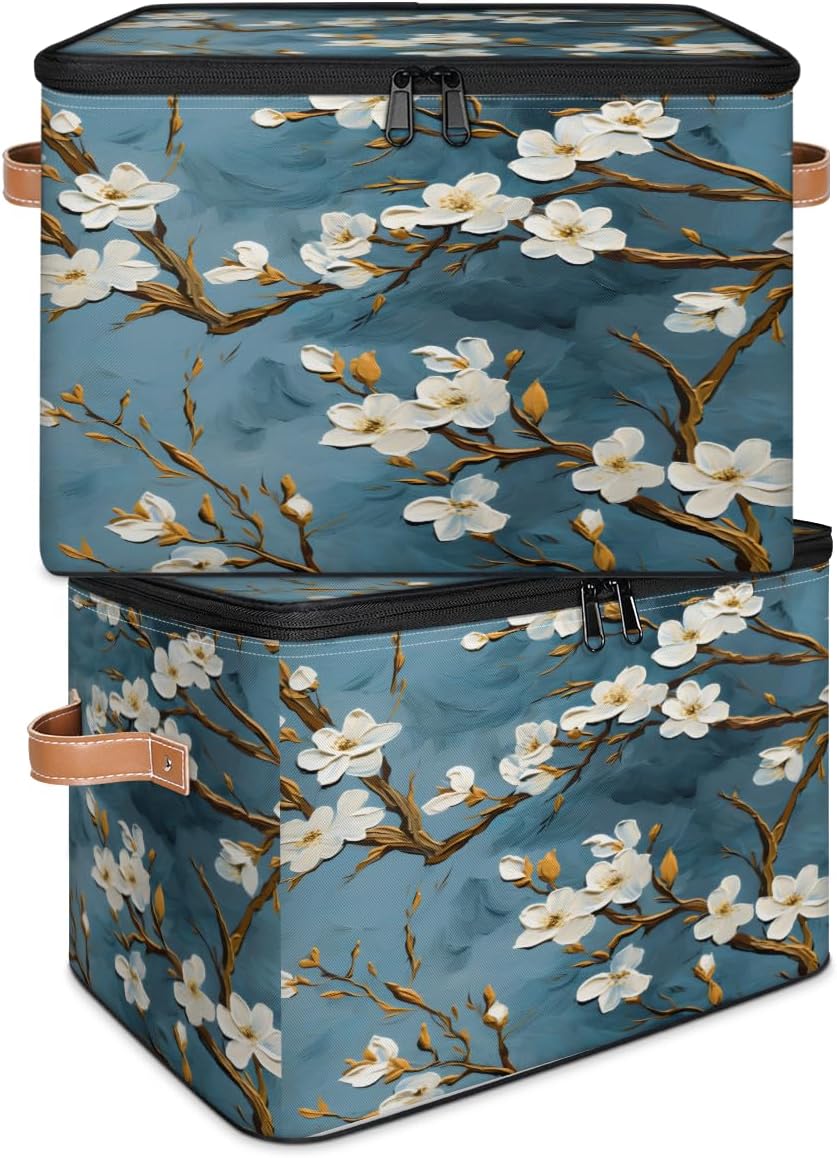 Storage Bin Set of 2 Flower Cherry Blossom Storage Basket with Zipper Lid & Handle Foldable Closet Shelf 2 Pack Cloth Organizer Basket Cube Bins Clothes Organizer for Bedroom, Nursery