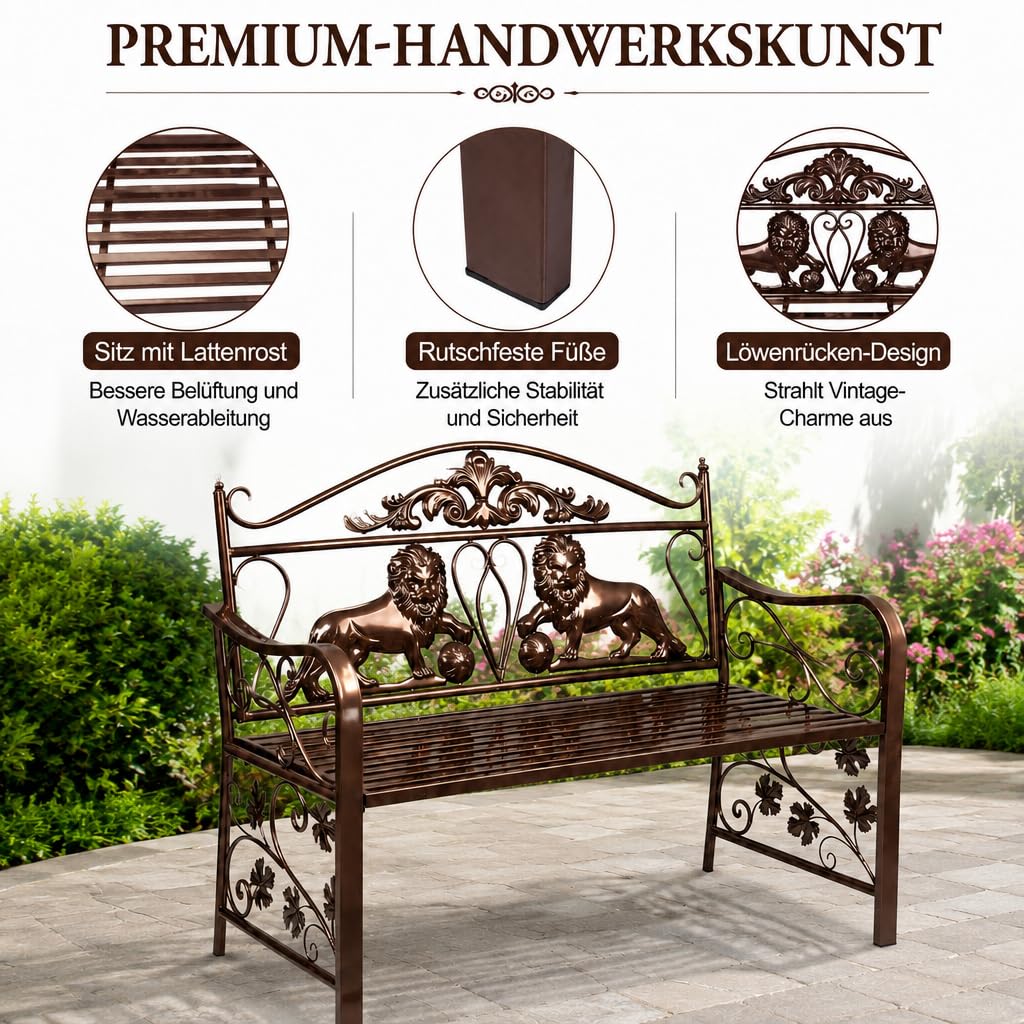 Gartenbank Metall, wetterfeste Parkbank, Ruhebank für 2-3 Personen, Vintage Sitzbank mit Löwen-Design und Rücken- & Armlehnen, für Garten, Balkon, Terrasse, Veranda & Hof – einfache Montage