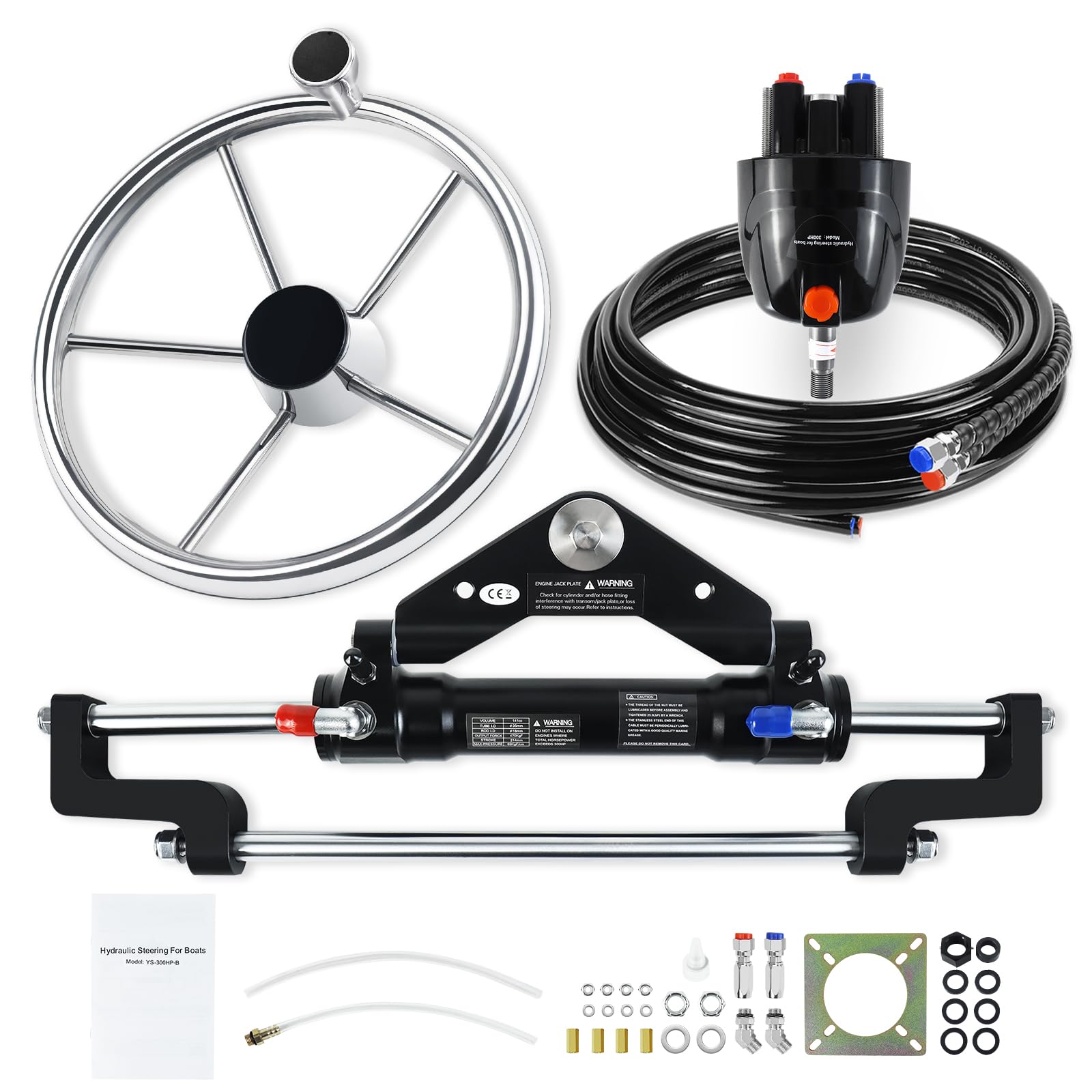 QYMOPAY 300HP Hydraulic Outboard Steering Kit, Marine Hydraulic Steering System with Bi-Directional Locking Cylinders and 26 ft High Strength Nylon Hose, Single Station, Single Engine Use